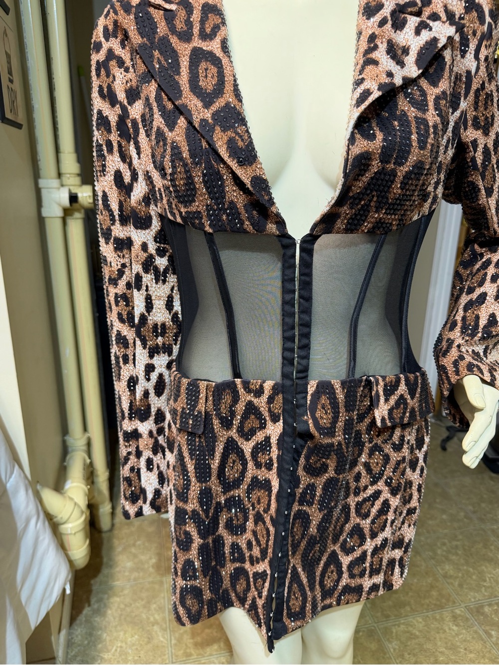 AKIRA Leopard Mesh Waist Corset Dress - Black and Brown